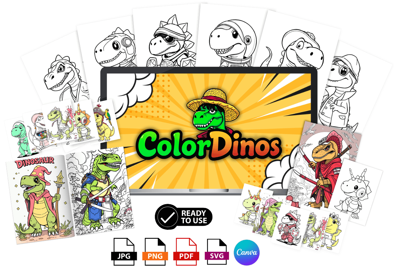 ColorDinos 500+ Unique Dinosaur Cosplay Coloring Pages PLR Fully Editable and Ready to Sell